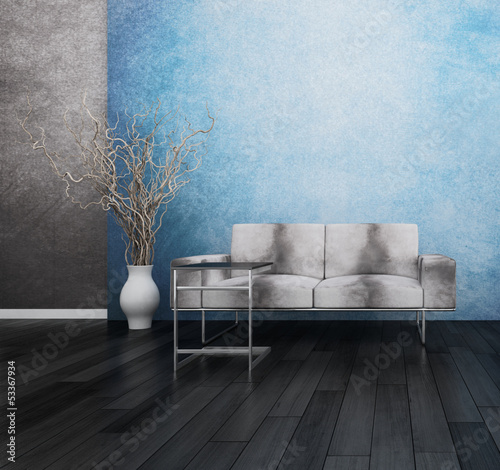 Illustration: Gray couch in front of blue wall Gray couch in front of blue wall