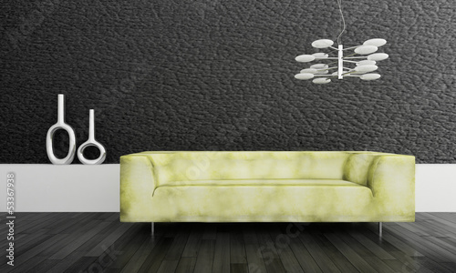 Illustration: Modern green design couch in front of black wall Modern green design couch in front of black wall