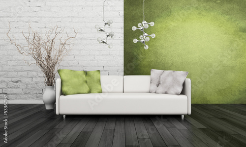 Illustration: Modern white couch against green wall Modern white couch against green wall
