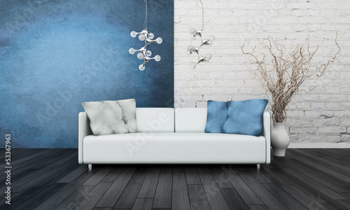 Illustration: White couch in front of blue wall White couch in front of blue wall