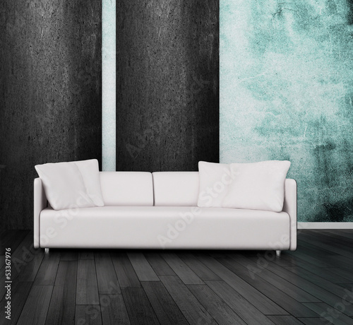 Illustration: White couch in front of blue and black wall White couch in front of blue and black wall