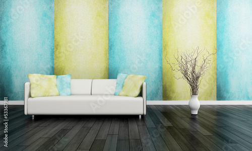 Illustration: White couch in front of modern green and blue wall White couch in front of modern green and blue wall