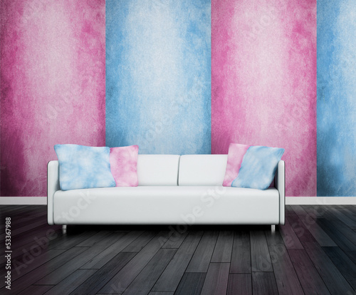 Illustration: Modern white couch in front of pink and blue wall Modern white couch in front of pink and blue wall