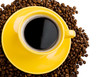 Coffee cup and beans on a white background.