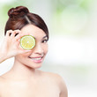 Photo: lemon and happy woman smile for health concept lemon and happy woman smile for health concept