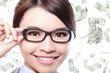 Photo: business woman touch eye glasses with money rain business woman touch eye glasses with money rain