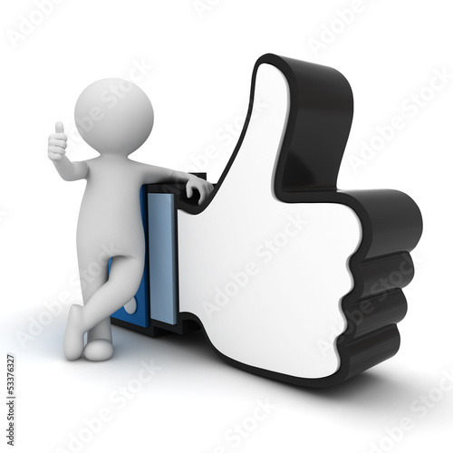 Illustration: 3d man showing thumb up with like hand symbol over white 3d man showing thumb up with like hand symbol over white