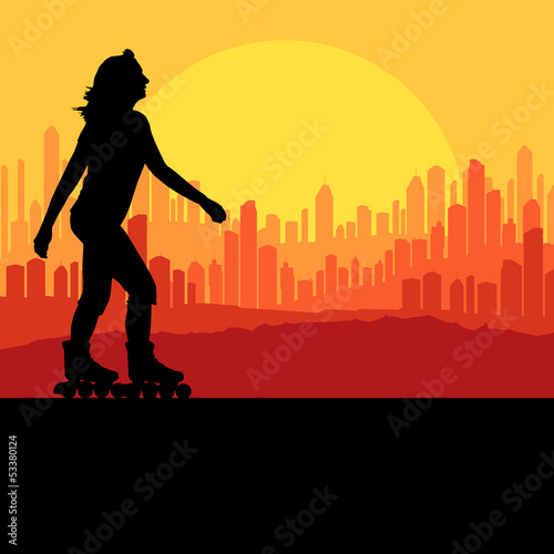 Vector: Woman roller skating vector background with city and sunset Woman roller skating vector background with city and sunset