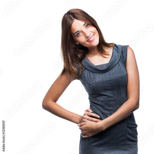 Leinwandbild Motiv Beautiful smiling business woman in blue dress