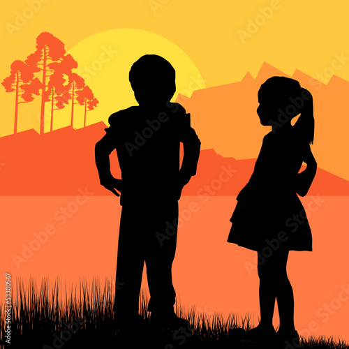 Vector: Happy children girl and boy background landscape vector Happy children girl and boy background landscape vector
