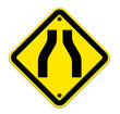 Road narrows traffic sign on white background with clipping path