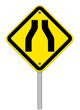 Road narrows traffic sign on white background with clipping path