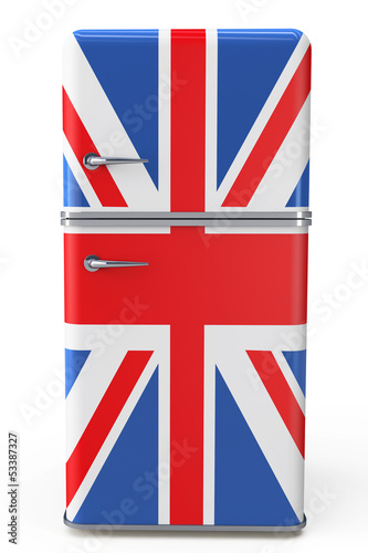 Illustration: Retro refrigerator with the British flag on the door Retro refrigerator with the British flag on the door