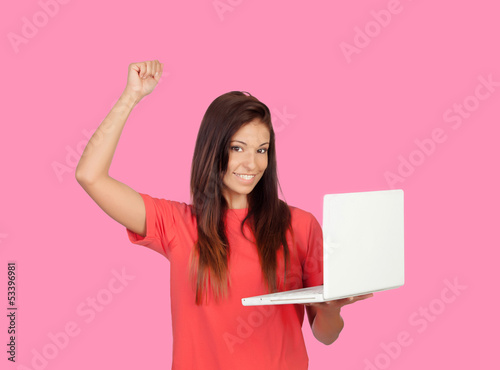 Photo: Winner girl with a laptop Winner girl with a laptop
