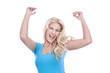 Foto: Jubelnde Frau blond mit blauem Shirt - Freude und lachend Jubelnde Frau blond mit blauem Shirt - Freude und lachend