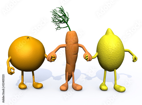 Illustration: orange, carrot and lemon with arms and legs orange, carrot and lemon with arms and legs