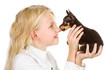 the tiny puppy kisses the girl on a nose. isolated on white 