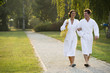 Young couple strolling the grounds of a spa