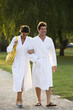 Young couple strolling the grounds of a spa