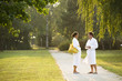 Young couple strolling the grounds of a spa