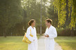 Young couple strolling the grounds of a spa