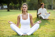 Young couple meditating in park