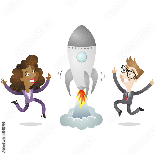 Vector: Business people, rocket, jumping, start-up, success Business people, rocket, jumping, start-up, success