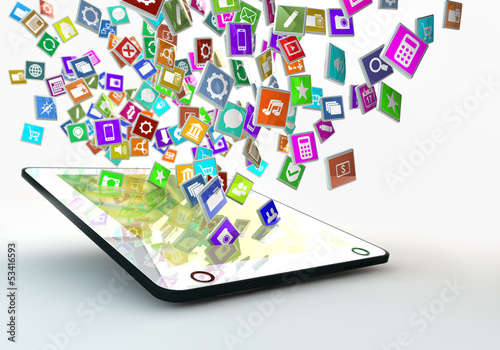 Illustration: Tablet PC with cloud of application icons Tablet PC with cloud of application icons
