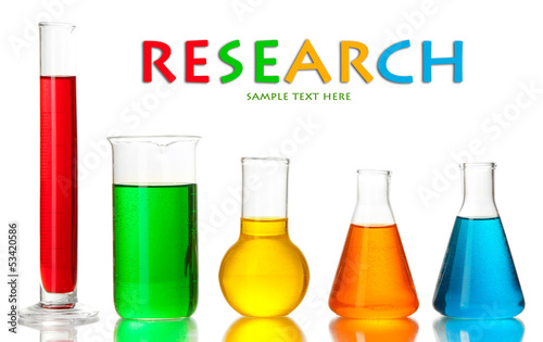 Photo: Test tubes with colorful liquids isolated on white Test tubes with colorful liquids isolated on white