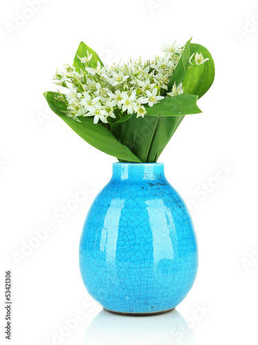 Photo: Beautiful mountain daffodils in color vase, isolated on white Beautiful mountain daffodils in color vase, isolated on white