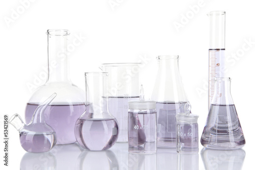 Photo: Test-tubes with light purple liquid isolated on white Test-tubes with light purple liquid isolated on white