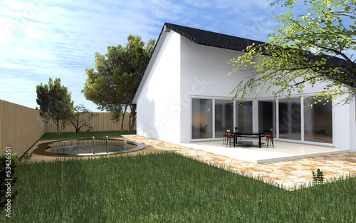 Illustration: Garten mit Einfamilienhaus Garten mit Einfamilienhaus