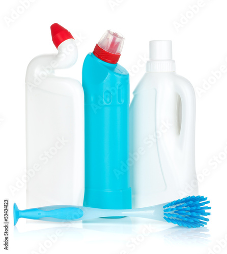 Photo: Plastic bottles of cleaning products and brush Plastic bottles of cleaning products and brush