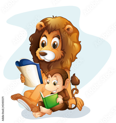 Vector: A monkey and a lion reading books A monkey and a lion reading books
