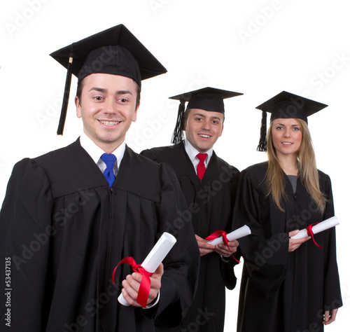 Photo: One graduate leading two others, isolated on white One graduate leading two others, isolated on white