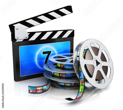 Illustration: Clapper board and film reel with filmstrip Clapper board and film reel with filmstrip