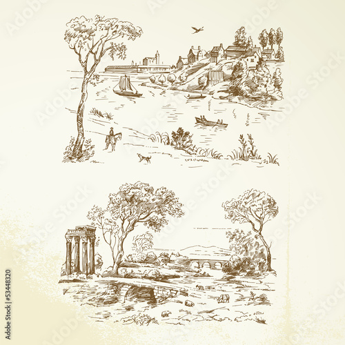 Vector: romantic landscape - hand drawn collection romantic landscape - hand drawn collection
