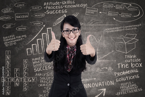 Photo: Happy businesswoman show thumbs up in class Happy businesswoman show thumbs up in class
