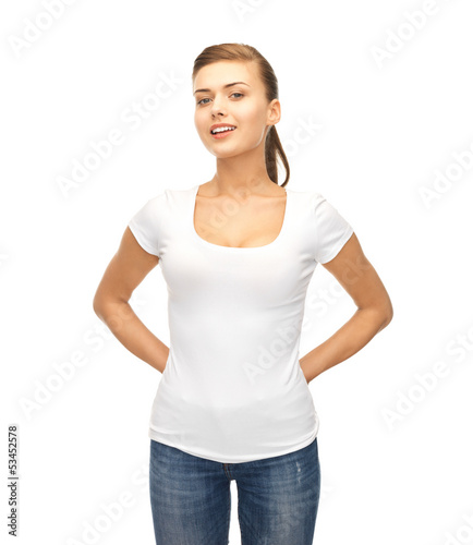 Photo: smiling woman in blank white t-shirt smiling woman in blank white t-shirt