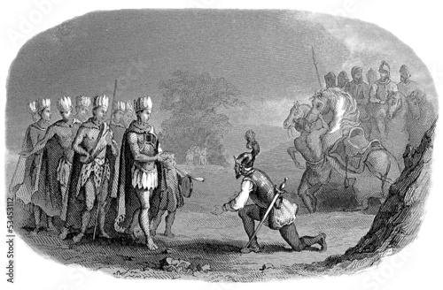 Illustration: Conquistadores meeting Incas - 16th century Conquistadores meeting Incas - 16th century