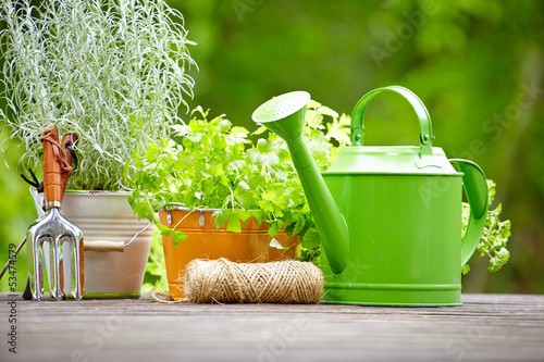 Photo: Gardening tools on the terrace in the garden Gardening tools on the terrace in the garden
