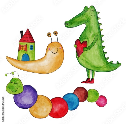 Illustration: snail, caterpillar and crocodile. Ink and watercolors on paper snail, caterpillar and crocodile. Ink and watercolors on paper