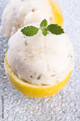 Photo: lemon sorbet with lavender in cups of lemon lemon sorbet with lavender in cups of lemon
