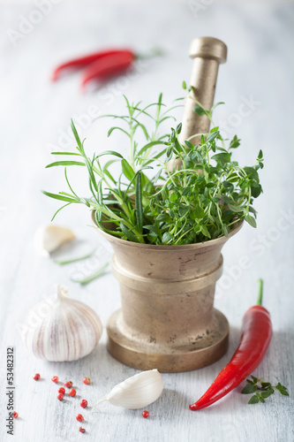 Photo: mortar with herbs and spices mortar with herbs and spices