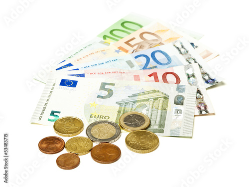 Photo: European currency coins and bills fanned out European currency coins and bills fanned out