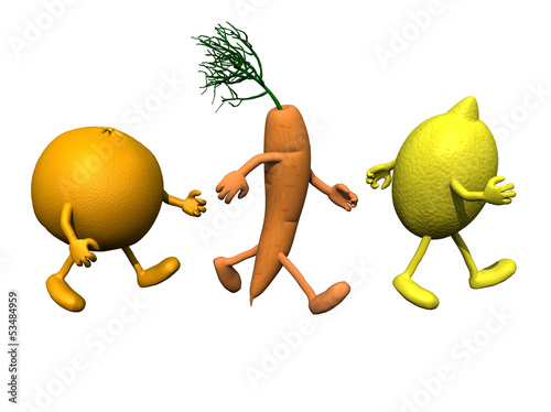 Illustration: orange, carrot and lemon with arms and legs that running orange, carrot and lemon with arms and legs that running