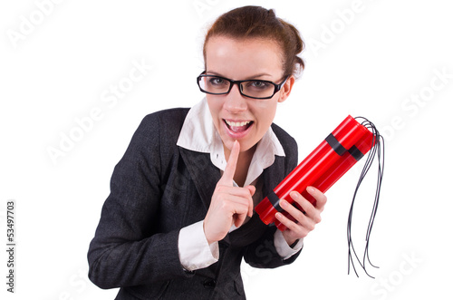 Photo: Businesswoman with dynamite on white Businesswoman with dynamite on white