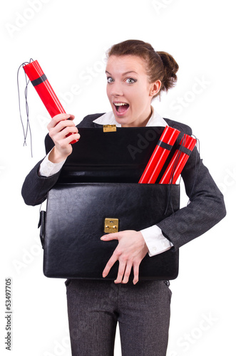 Photo: Businesswoman with dynamite on white Businesswoman with dynamite on white