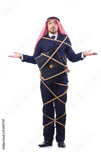Photo: Arab man tied up with rope on white Arab man tied up with rope on white
