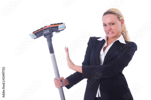 Photo: Businesswoman with vacuum cleaner on white Businesswoman with vacuum cleaner on white